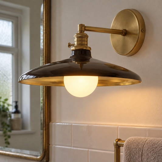 Rustic brass metal dome vanity sconce mounted above a bathroom mirror