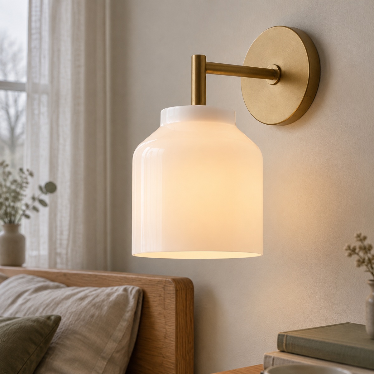 Nordic minimalist metal and glass wall sconce mounted in a British bedroom