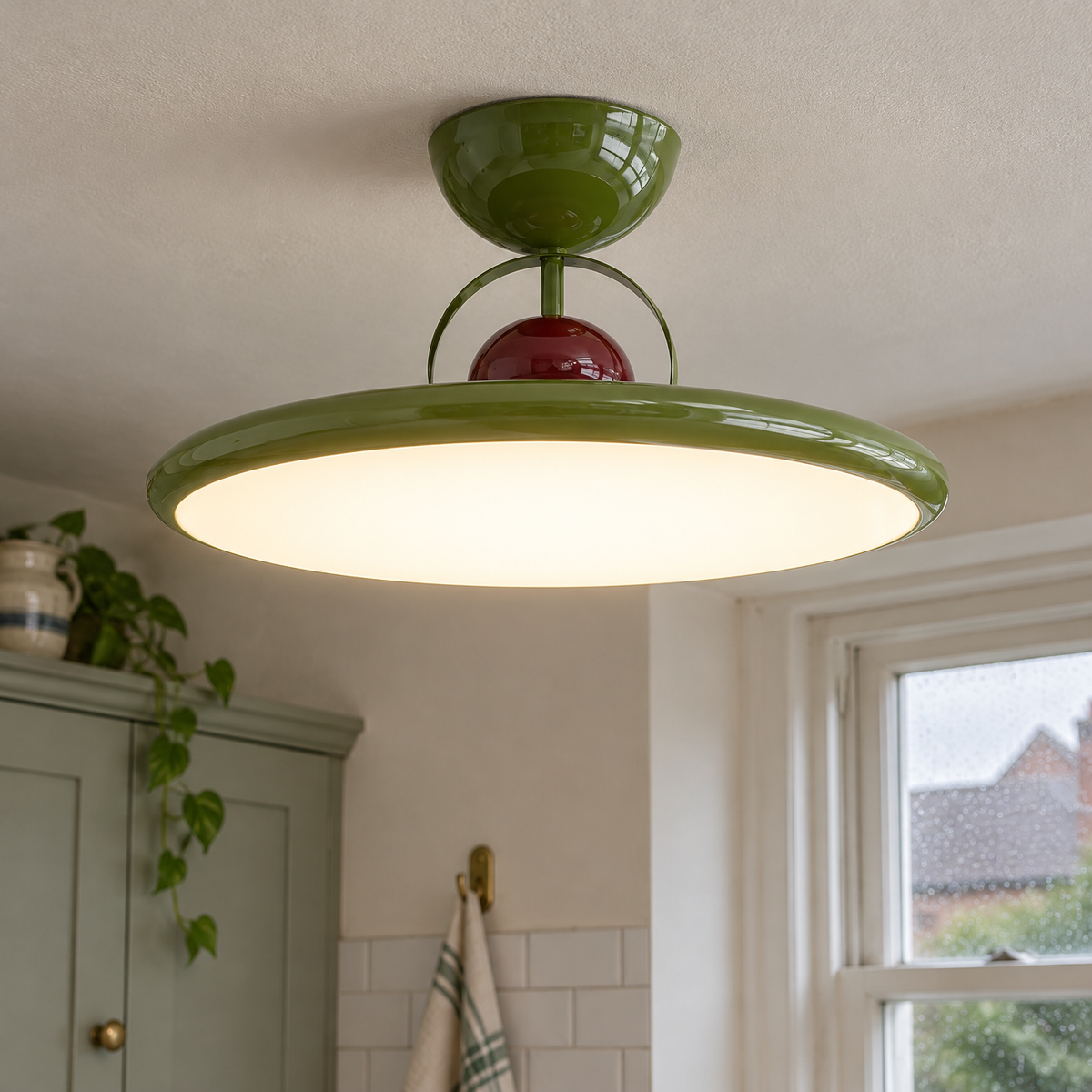 Mid-century ceiling light fitted close to a kitchen ceiling in a British home
