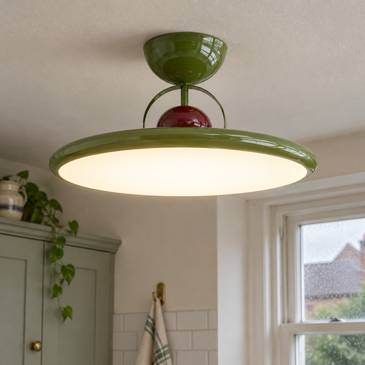 Mid-century ceiling light fitted close to a kitchen ceiling in a British home