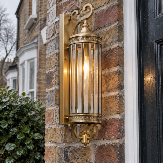 Mid-century copper and glass outdoor wall light beside a British front door