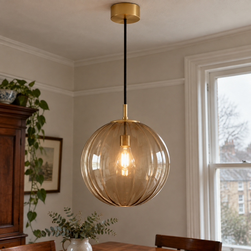 Mid-century glass and metal pendant light hanging in a British kitchen