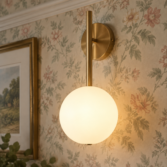 Mid-century glass and metal wall lamp mounted on a wall in a British sitting room