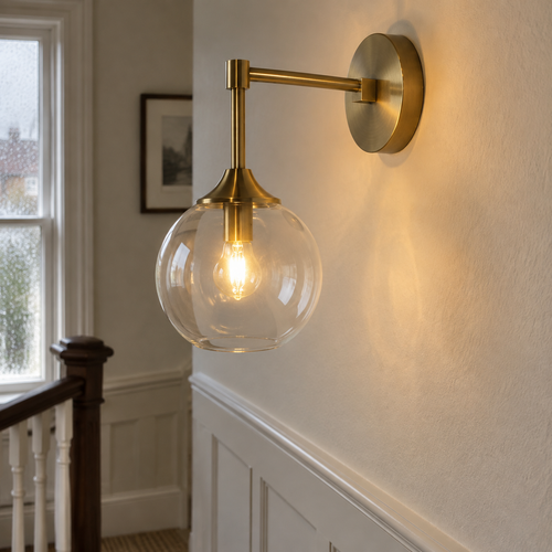 Mid-century glass and metal wall sconce on a landing wall in a British home