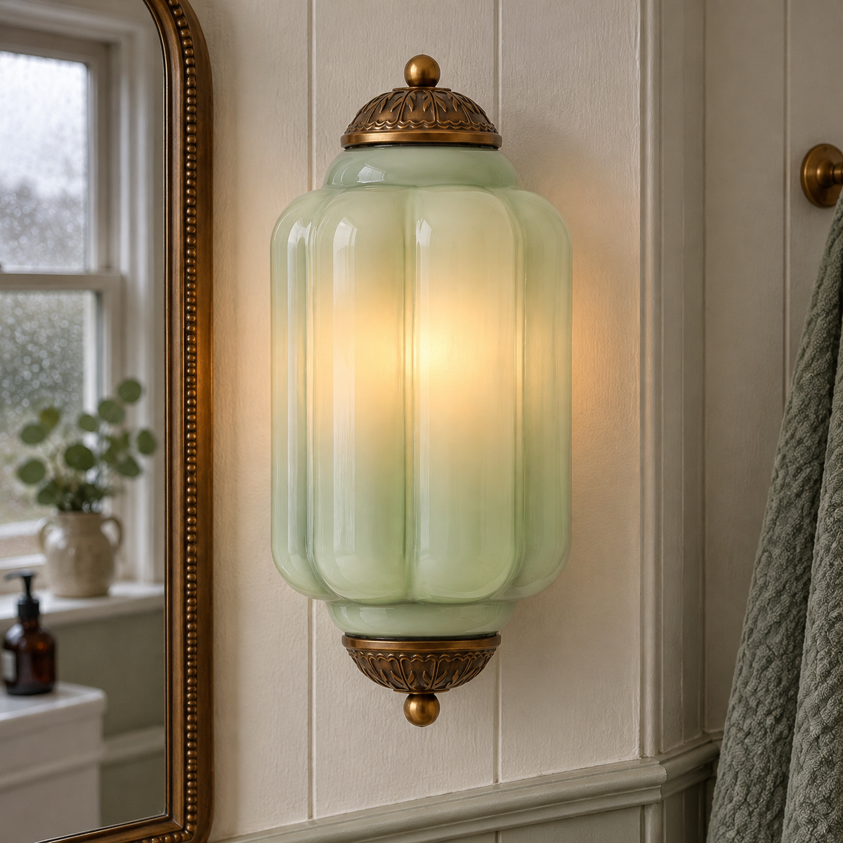 Antique brass and milk glass flush wall sconce in a British bathroom