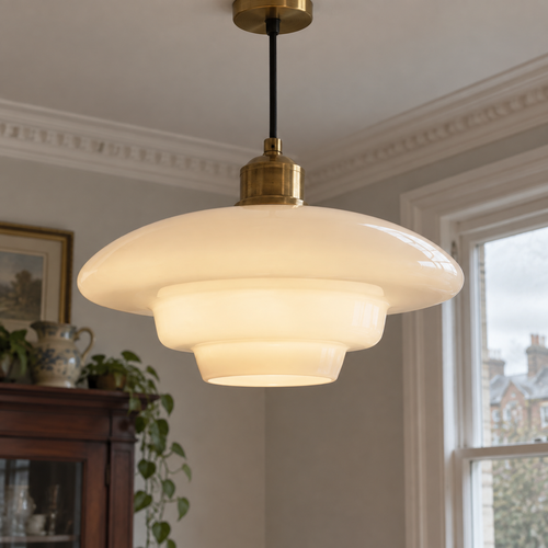 Art deco milk glass pendant light hanging from a British dining room ceiling