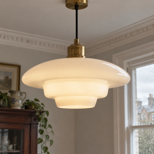 Art deco milk glass pendant light hanging from a British dining room ceiling