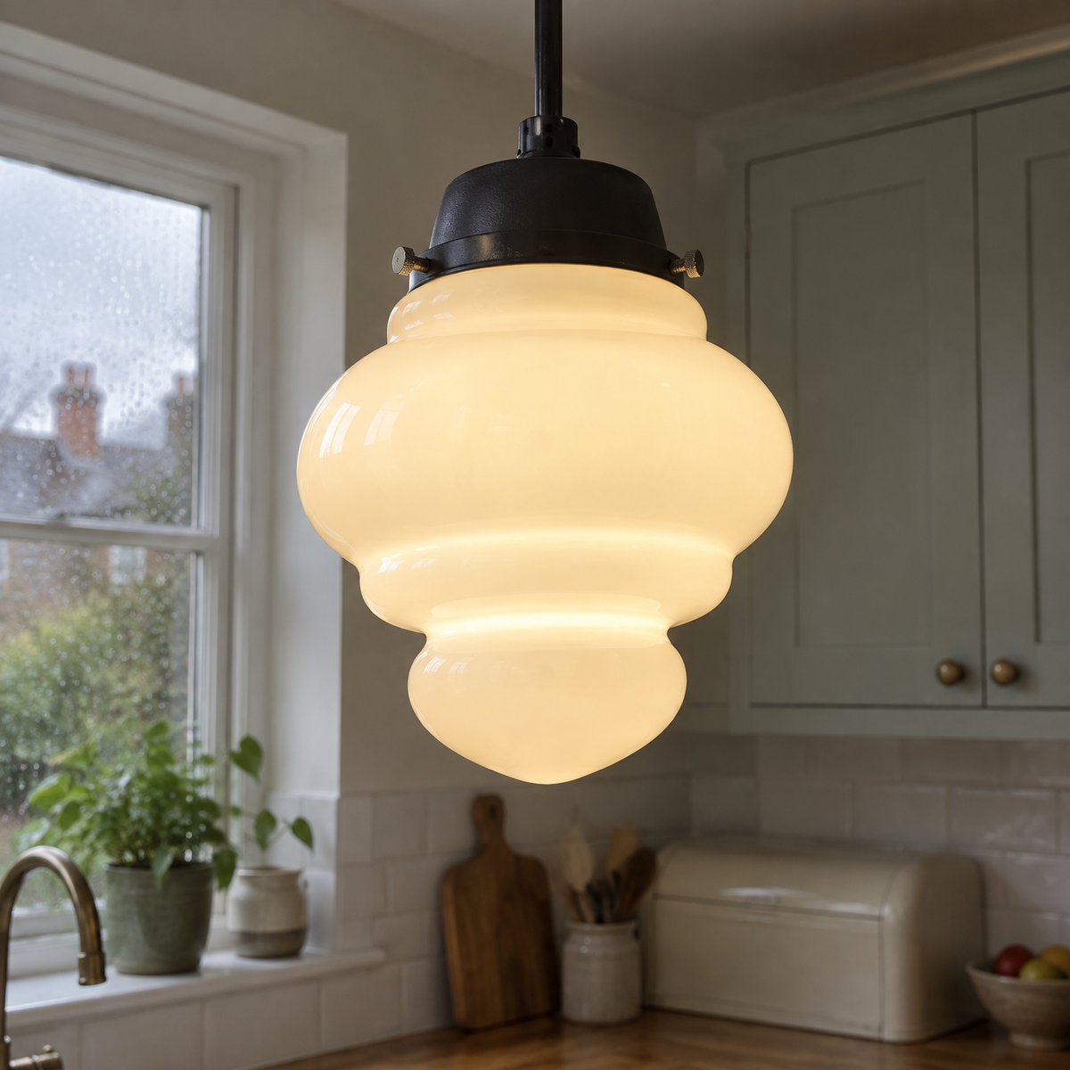 Art deco tiered milk glass pendant light hanging above a British kitchen worktop