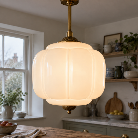 Vintage oiled brass and milk glass pendant light hanging in a British kitchen