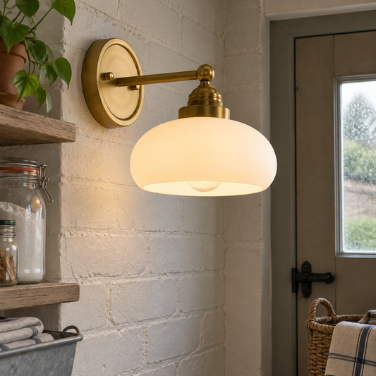 Vintage industrial milk white glass wall sconce on a British stairwell wall