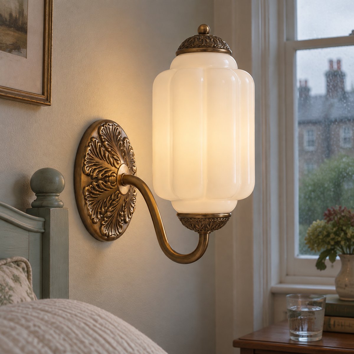Vintage oiled brass and milk glass wall sconce in a British hallway