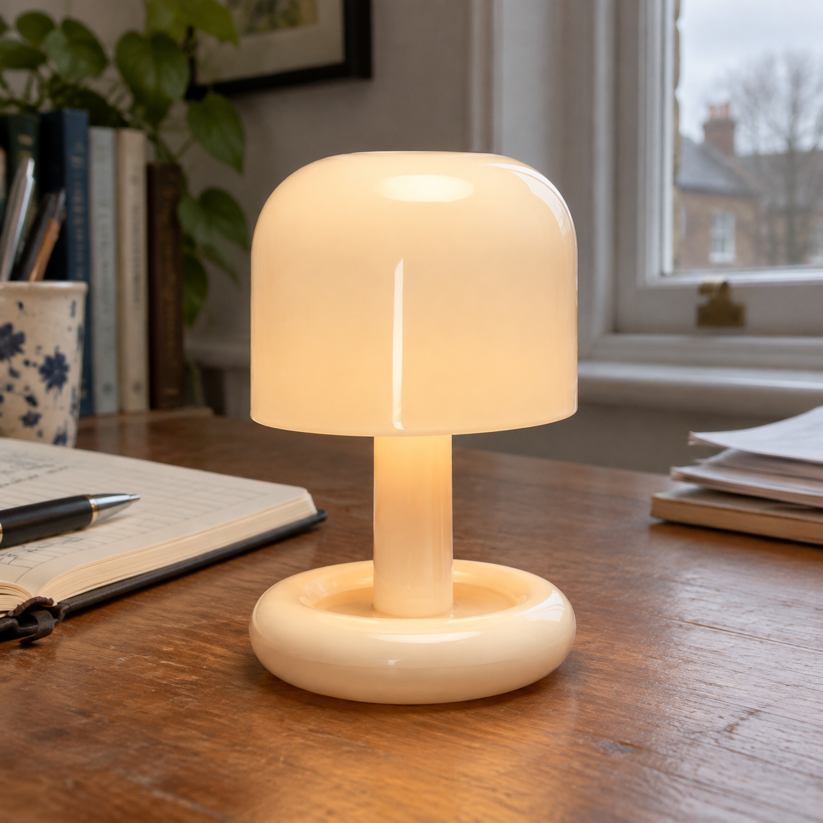 Mini rechargeable cordless table lamp standing on a desk in a British study