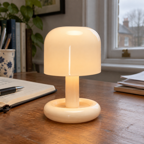 Mini rechargeable cordless table lamp standing on a desk in a British study