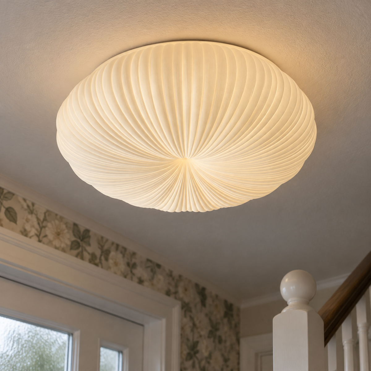 Minimalist ceiling light on a hallway ceiling above a panelled door in a British home