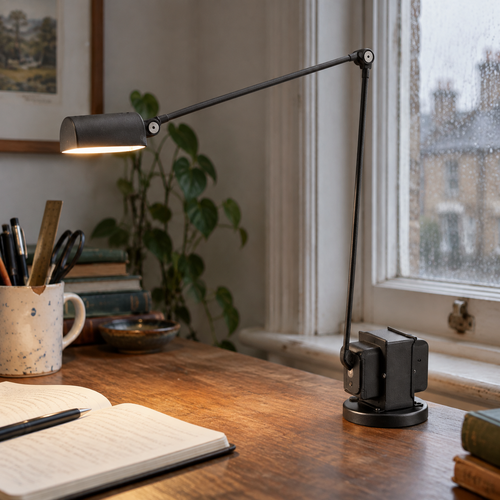 Mid-century minimalist desk lamp on a study desk beside an open notebook