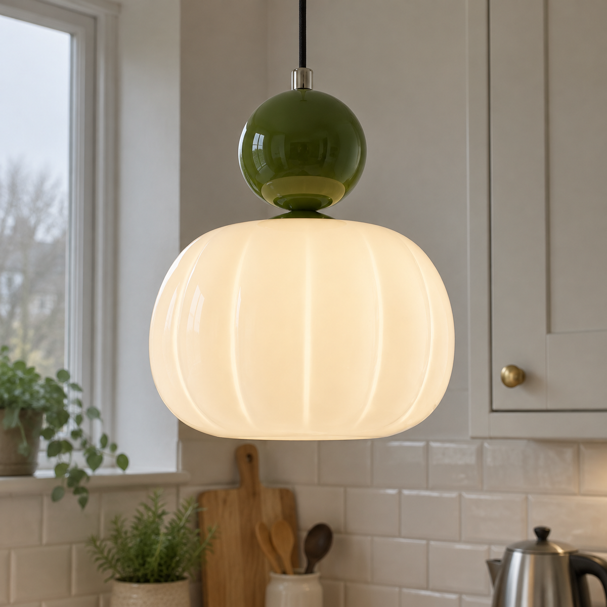 Mid-century pendant light hanging above a kitchen worktop in a British home