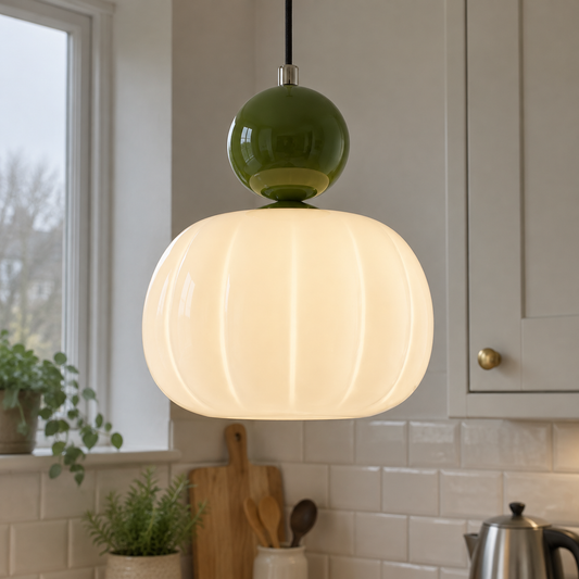 Mid-century pendant light hanging above a kitchen worktop in a British home