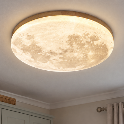 Moon ceiling light fitted flush to a bedroom ceiling in a British home