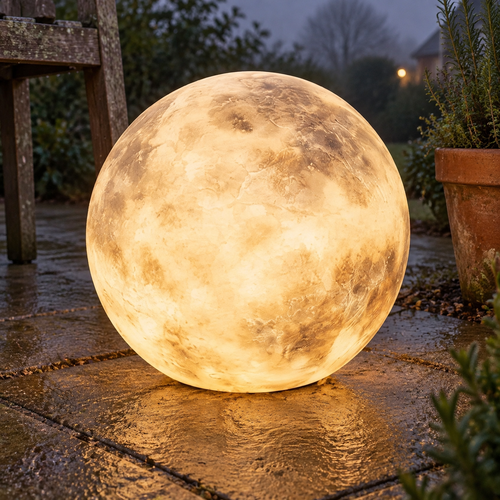 Waterproof moon lawn light standing on a damp patio beside a garden chair