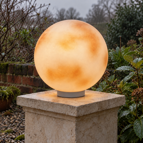 Moon shaped stone pillar light glowing on a pedestal in a misty British garden