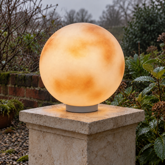 Moon shaped stone pillar light glowing on a pedestal in a misty British garden