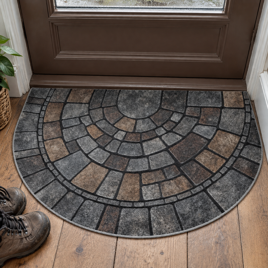 Half circle mosaic door mat lying inside a British front door beside walking boots
