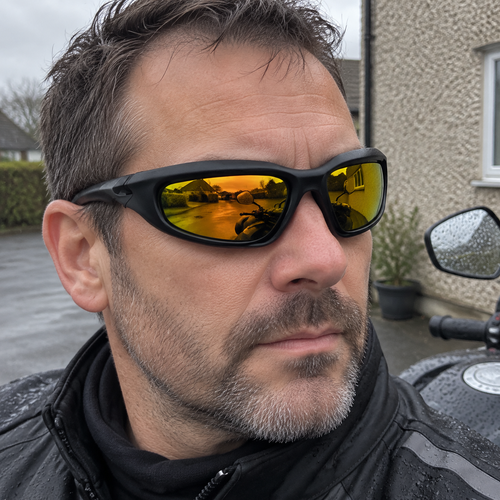 Man wearing polarized motorcycle sunglasses beside a parked bike on a grey British morning