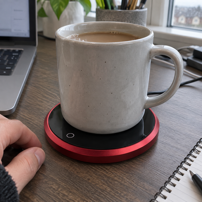 Smart ceramic mug warmer coaster holding a mug on a home office desk