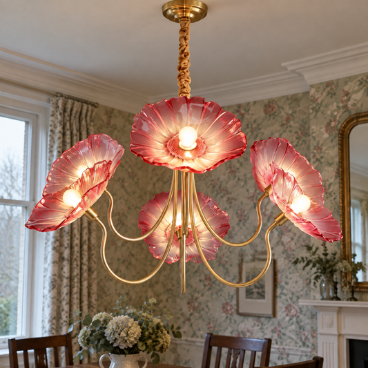 Murano glass floral chandelier hanging in a wallpapered British dining room