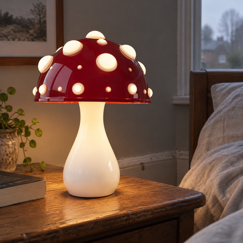 Modern mushroom-shaped LED bedside lamp switched on beside a rumpled duvet and a paperback