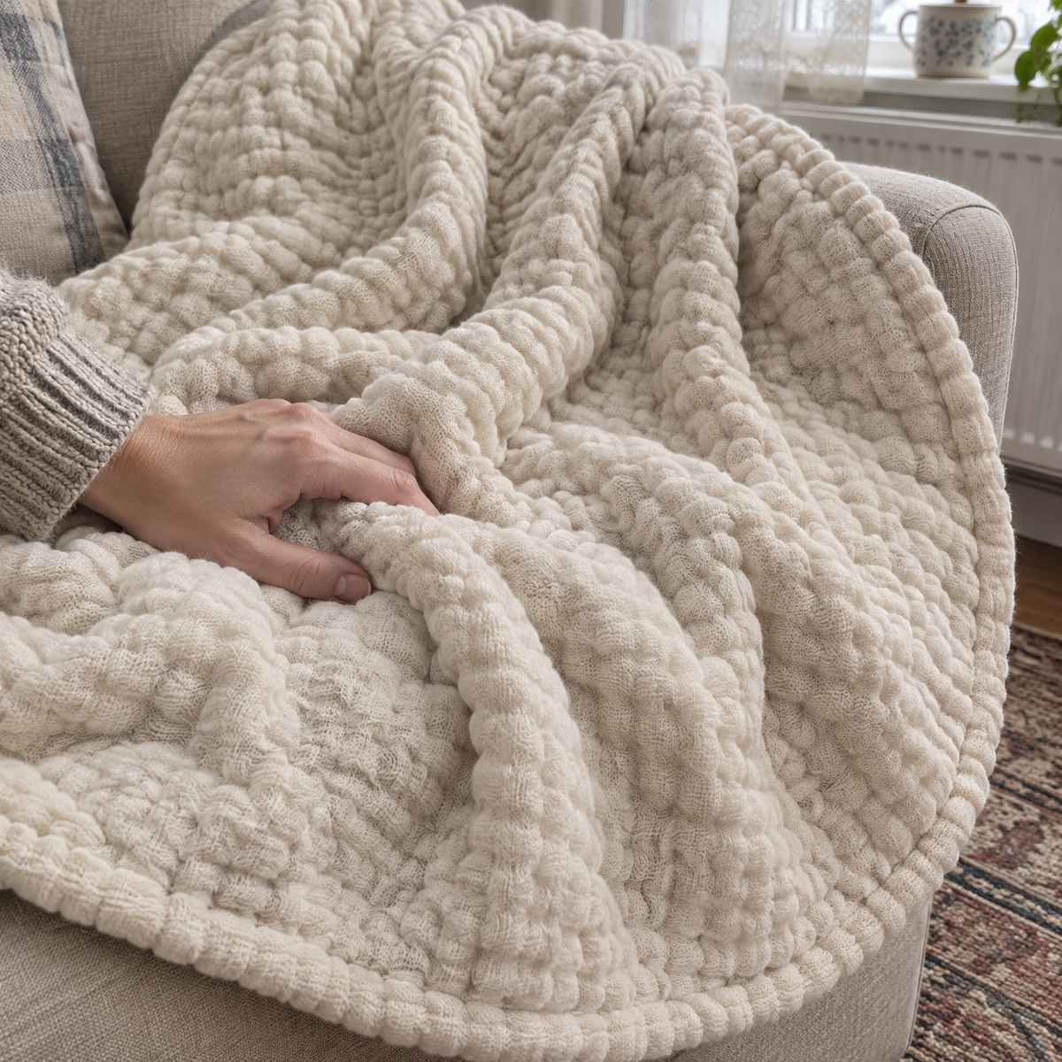Round muslin cotton plush throw draped over a sofa arm with a hand resting in its soft pile
