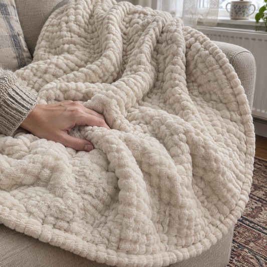Round muslin cotton plush throw draped over a sofa arm with a hand resting in its soft pile