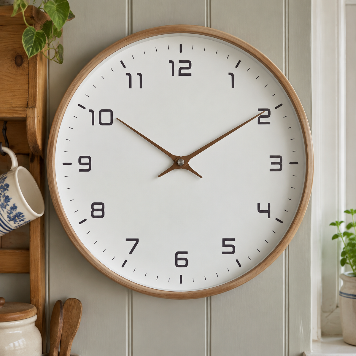 Minimalist Nordic wall clock with a wooden frame hung above a pine kitchen dresser
