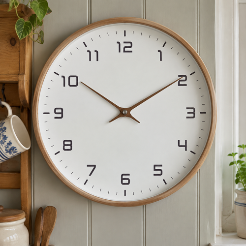 Minimalist Nordic wall clock with a wooden frame hung above a pine kitchen dresser