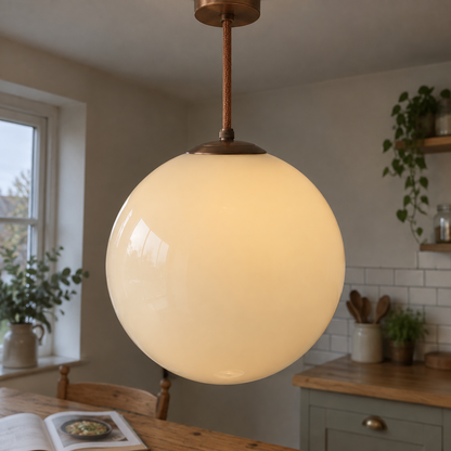 Opaline glass pendant light on a copper fabric cable hanging over a pine kitchen table