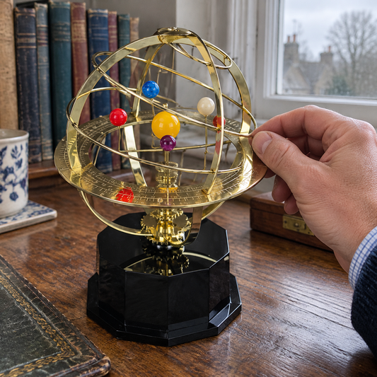Handcrafted brass orrery solar system model on a study desk with a hand turning one arm