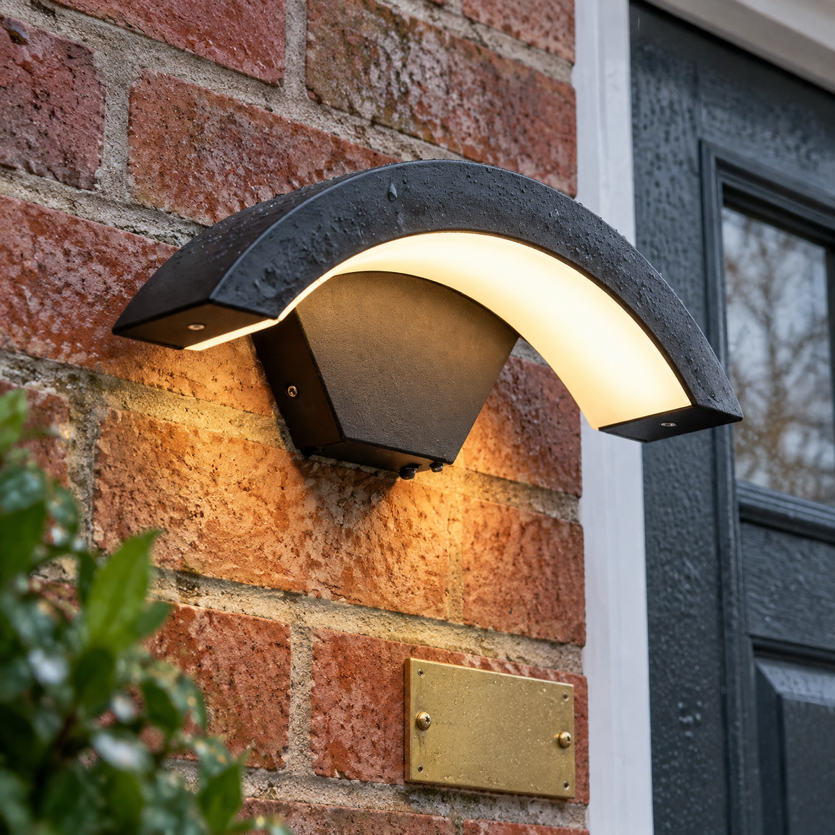 Outdoor LED downlight wall sconce washing light down damp brickwork beside a front door