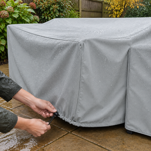 Waterproof garden furniture cover being tightened over a patio table on a wet autumn day