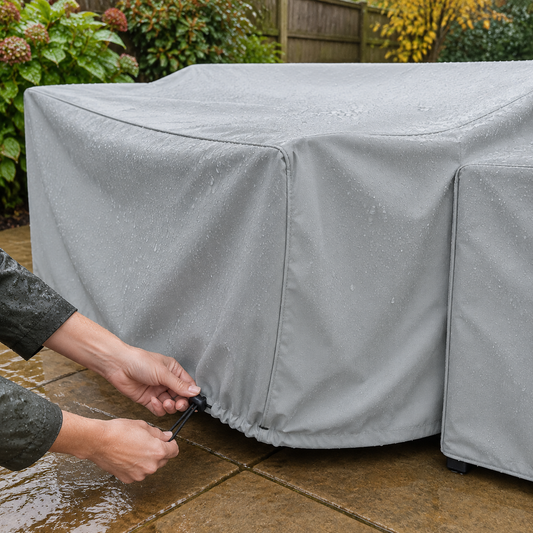 Waterproof garden furniture cover being tightened over a patio table on a wet autumn day