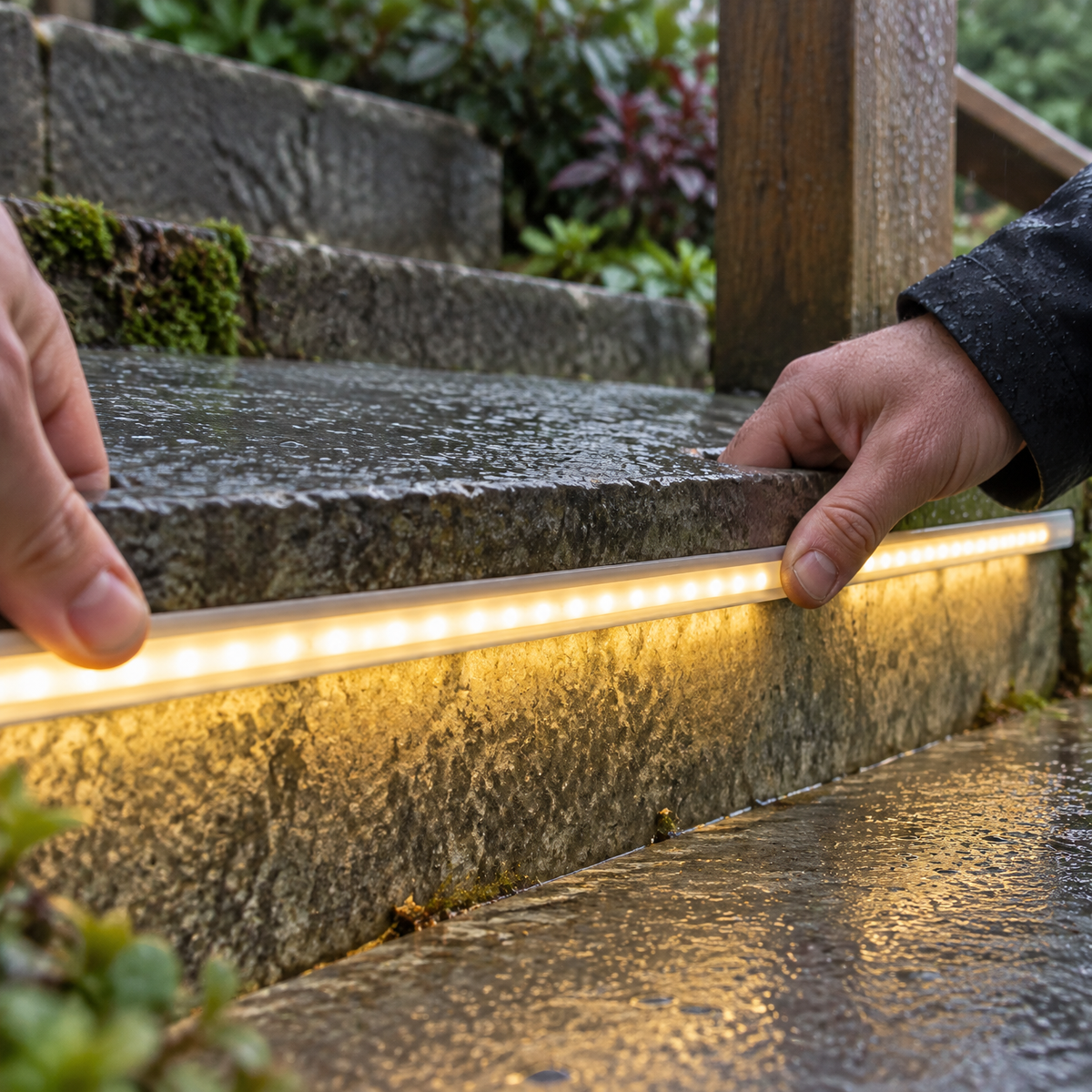 Waterproof cuttable LED strip light being fitted along the nosing of a garden step