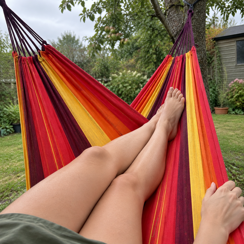 Striped fabric garden hammock slung under an apple tree with someone lying in it