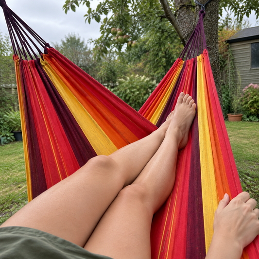 Striped fabric garden hammock slung under an apple tree with someone lying in it