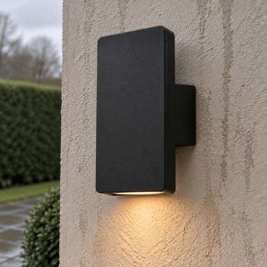 Minimalist black aluminium outdoor wall lamp lit on a rendered garden wall