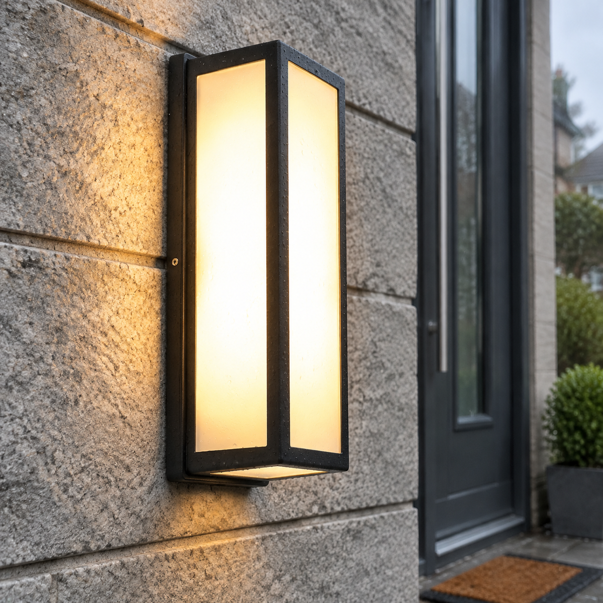 Contemporary black waterproof LED outdoor wall light on stone cladding by a front door