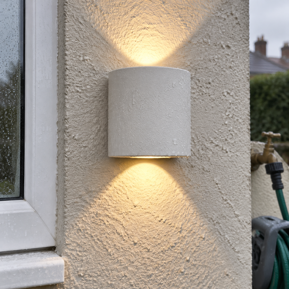 Waterproof minimalist LED outdoor wall sconce lit on damp painted render