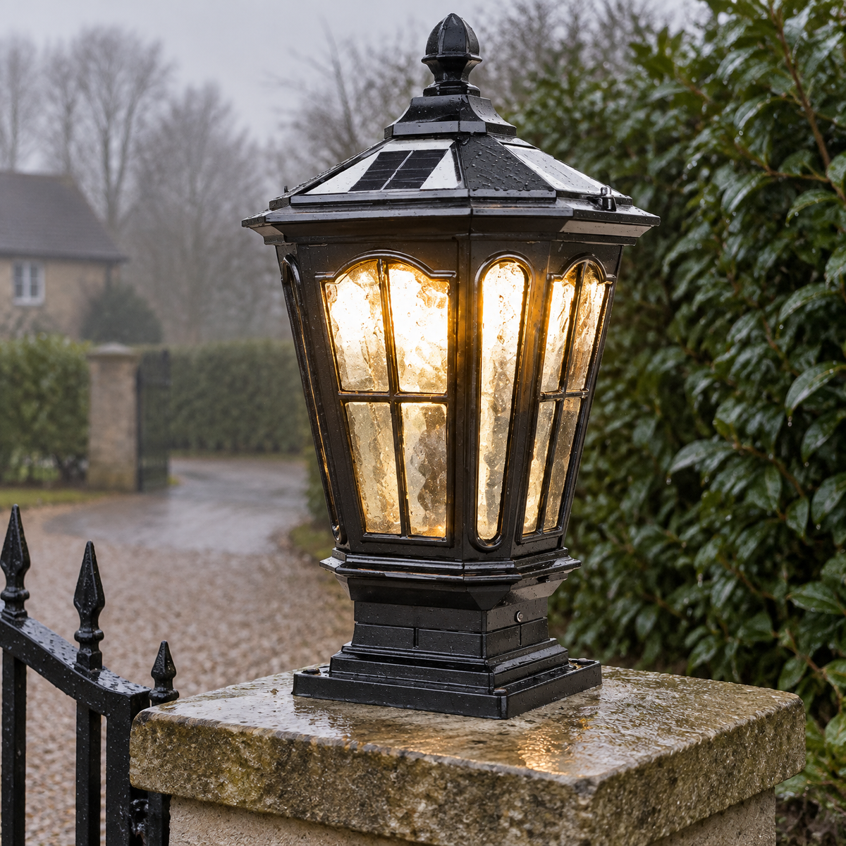 Vintage die-cast aluminium pillar lantern lit on a damp stone gate pillar