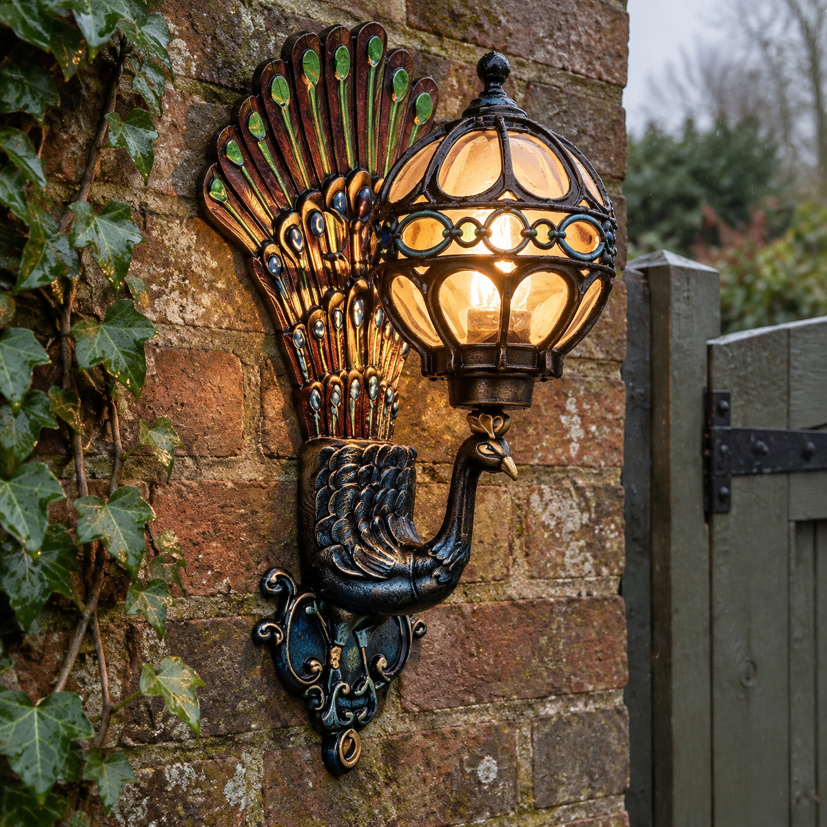 Hand-painted peacock outdoor wall light lit on damp aged brickwork in a garden