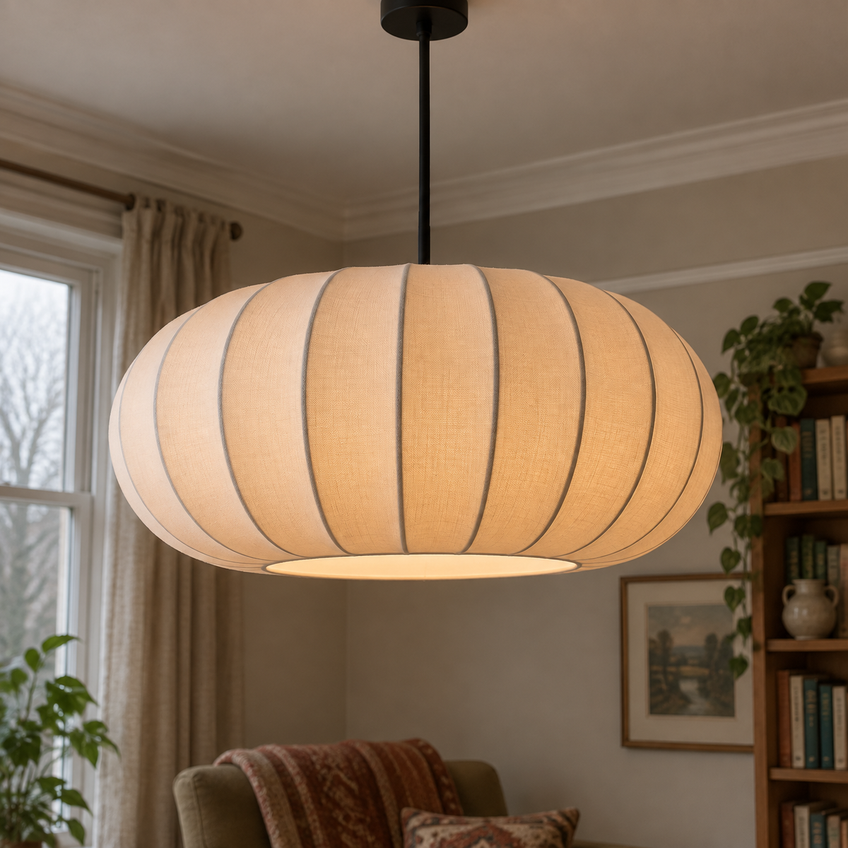 Fabric shade LED pendant light glowing warmly above a sitting room armchair