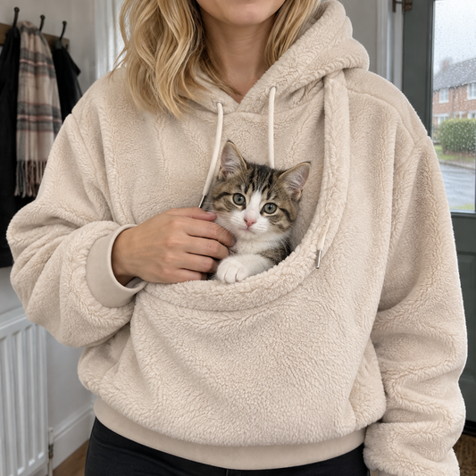 Pet carrier hoodie worn with a cat sitting in the soft front pouch in a hallway