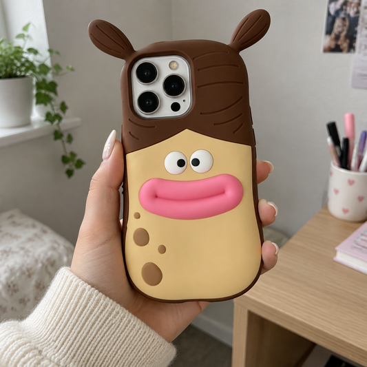 3D cartoon protective phone case held in a hand at a bedroom desk